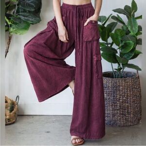 Oli & Hali Burgundy Wide Leg 3D Pockets Pants Mineral Washed Pink Burgundy Sz. S